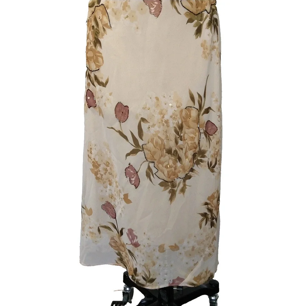 Vintage Y2K Floral Print Bias Cut Maxi Dress Size M Flutter Sleeve Ivory V Neck